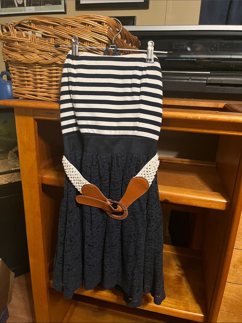 Rachael & Chloe Navy and White Strapless Lace Dress with Brown Belt Detail